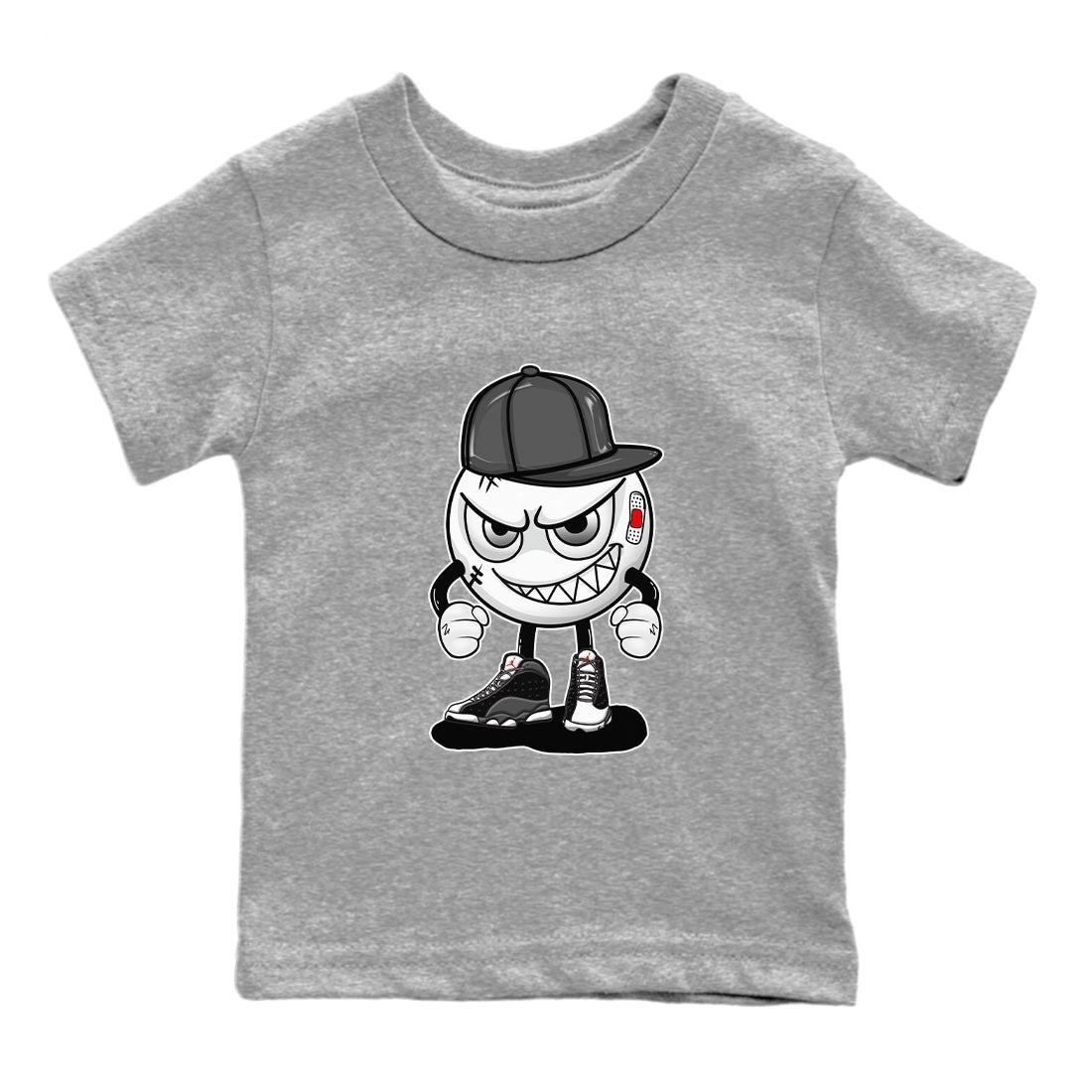 Air Jordan 13 Black Flint Sneaker Match Tees Mischief Emoji Sneaker Tees AJ 13s Black Flint Sneaker Release Tees Kids Shirts Heather Grey 2