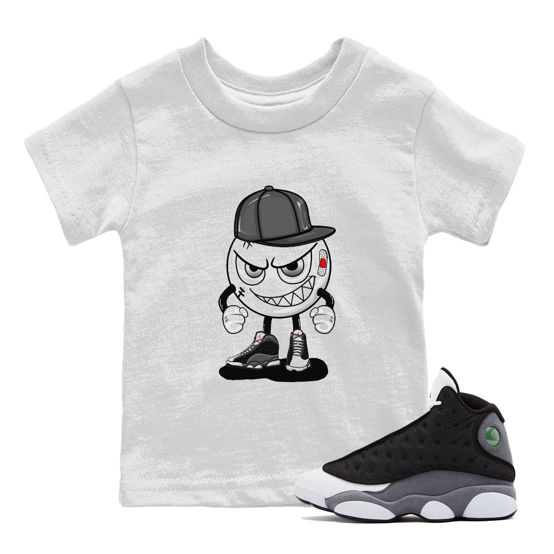 Air Jordan 13 Black Flint Sneaker Match Tees Mischief Emoji Sneaker Tees AJ 13s Black Flint Sneaker Release Tees Kids Shirts White 1