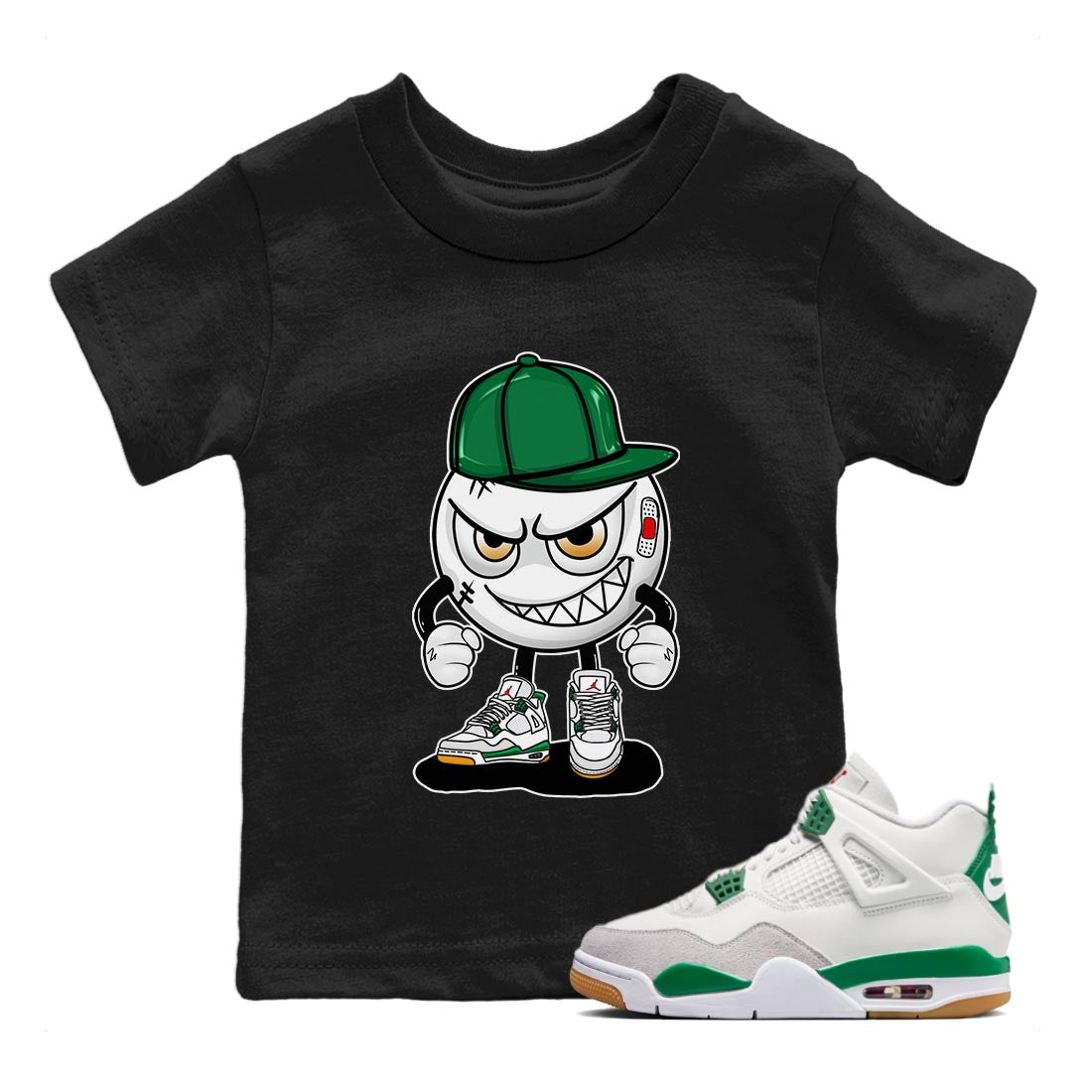 Air Jordan 4 Pine Green Sneaker Match Tees Mischief Emoji Sneaker Tees AJ 4s Pine Green Sneaker Release Tees Kids Shirts Black 1