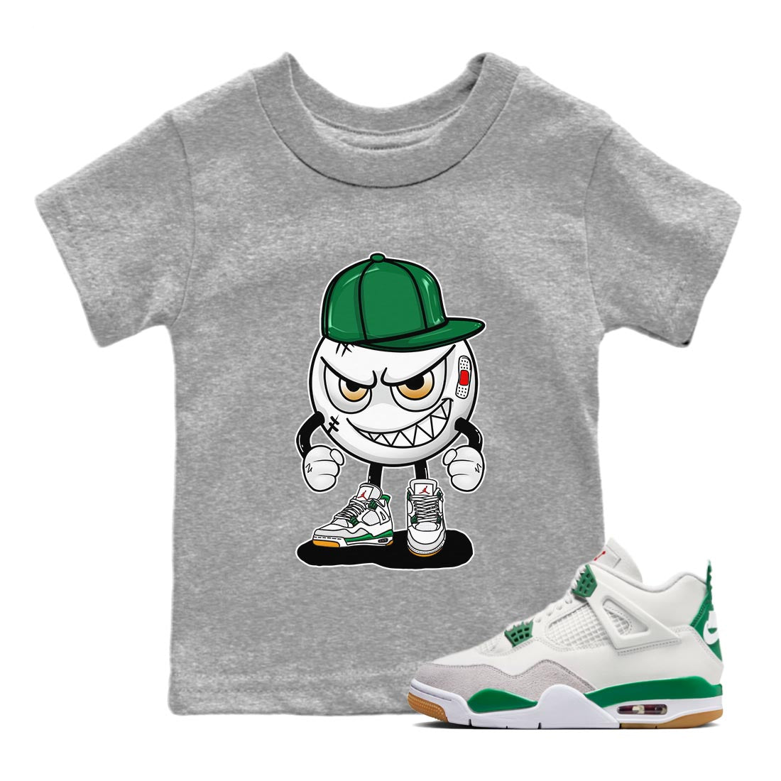 Air Jordan 4 Pine Green Sneaker Match Tees Mischief Emoji Sneaker Tees AJ 4s Pine Green Sneaker Release Tees Kids Shirts Heather Grey 1