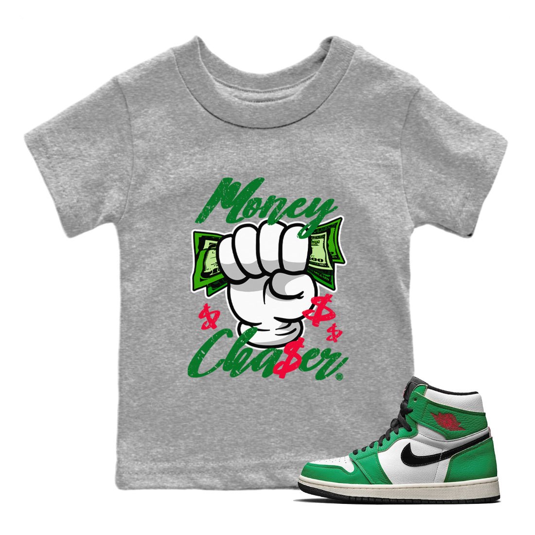 1s Lucky Green Sneaker Match Tees Money Chaser Sneaker Tees Air Jordan 1 Lucky Green Sneaker Release Tees Kids Shirts Heather Grey 1