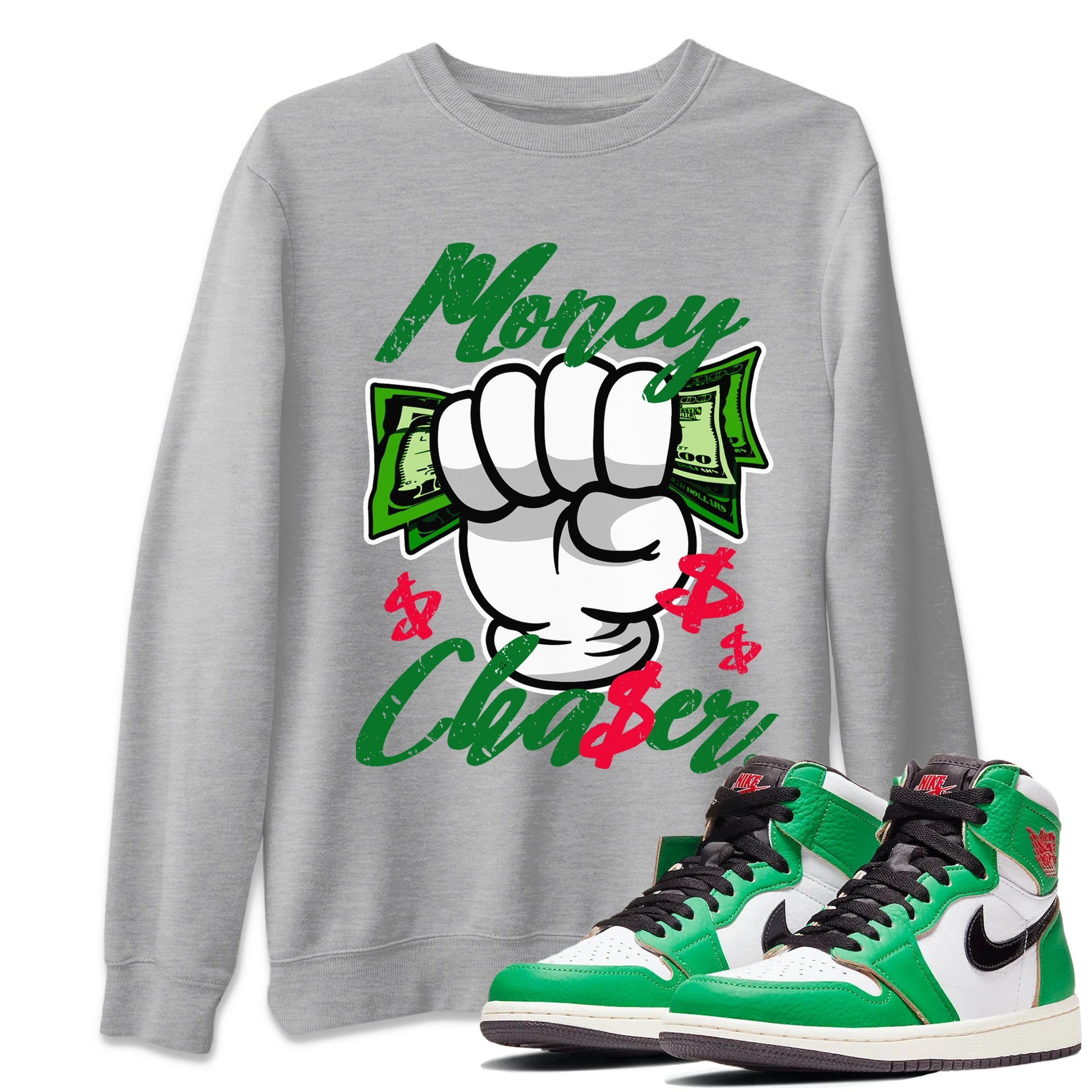 1s Lucky Green Sneaker Match Tees Money Chaser Sneaker Tees Air Jordan 1 Lucky Green Sneaker Release Tees Unisex Shirts Heather Grey 1
