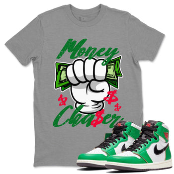 1s Lucky Green Sneaker Match Tees Money Chaser Sneaker Tees Air Jordan 1 Lucky Green Sneaker Release Tees Unisex Shirts Heather Grey 1