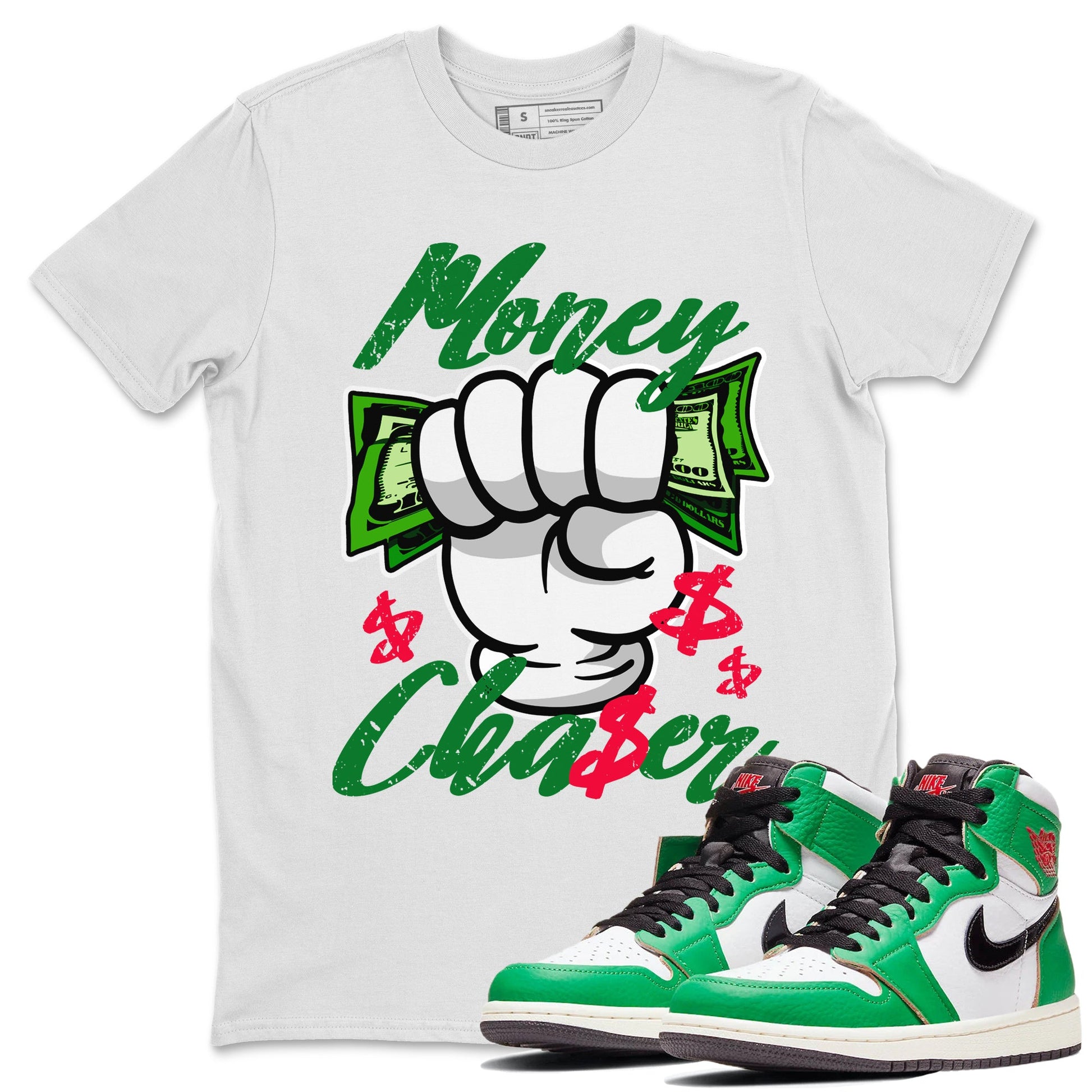 1s Lucky Green Sneaker Match Tees Money Chaser Sneaker Tees Air Jordan 1 Lucky Green Sneaker Release Tees Unisex Shirts White 1