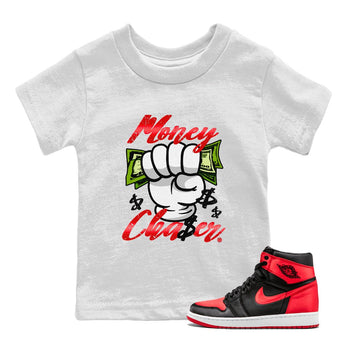 Air Jordan 1 Satin Bred Sneaker Match Tees Money Chaser Sneaker Tees Jordan 1 High OG Satin Bred Sneaker Release Tees Kids Shirts White 1