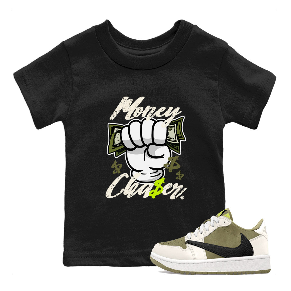 Jordan 1 Low x Travis Scott Golf Olive shirt to match jordans Money Chaser sneaker tees Air Jordan 1 Travis Scott Olive SNRT Sneaker Release Tees Baby Toddler Black 1 T-Shirt