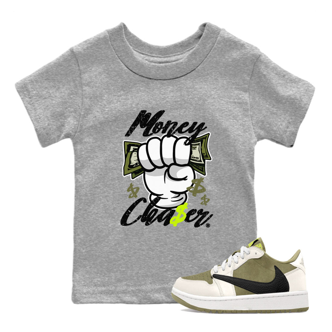 Jordan 1 Low x Travis Scott Golf Olive shirt to match jordans Money Chaser sneaker tees Air Jordan 1 Travis Scott Olive SNRT Sneaker Release Tees Baby Toddler Heather Grey 1 T-Shirt