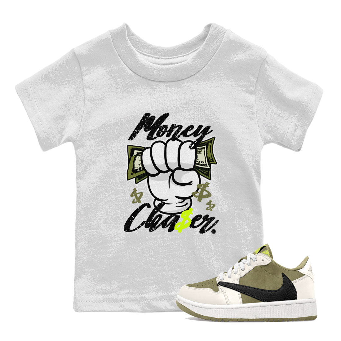 Jordan 1 Low x Travis Scott Golf Olive shirt to match jordans Money Chaser sneaker tees Air Jordan 1 Travis Scott Olive SNRT Sneaker Release Tees Baby Toddler White 1 T-Shirt