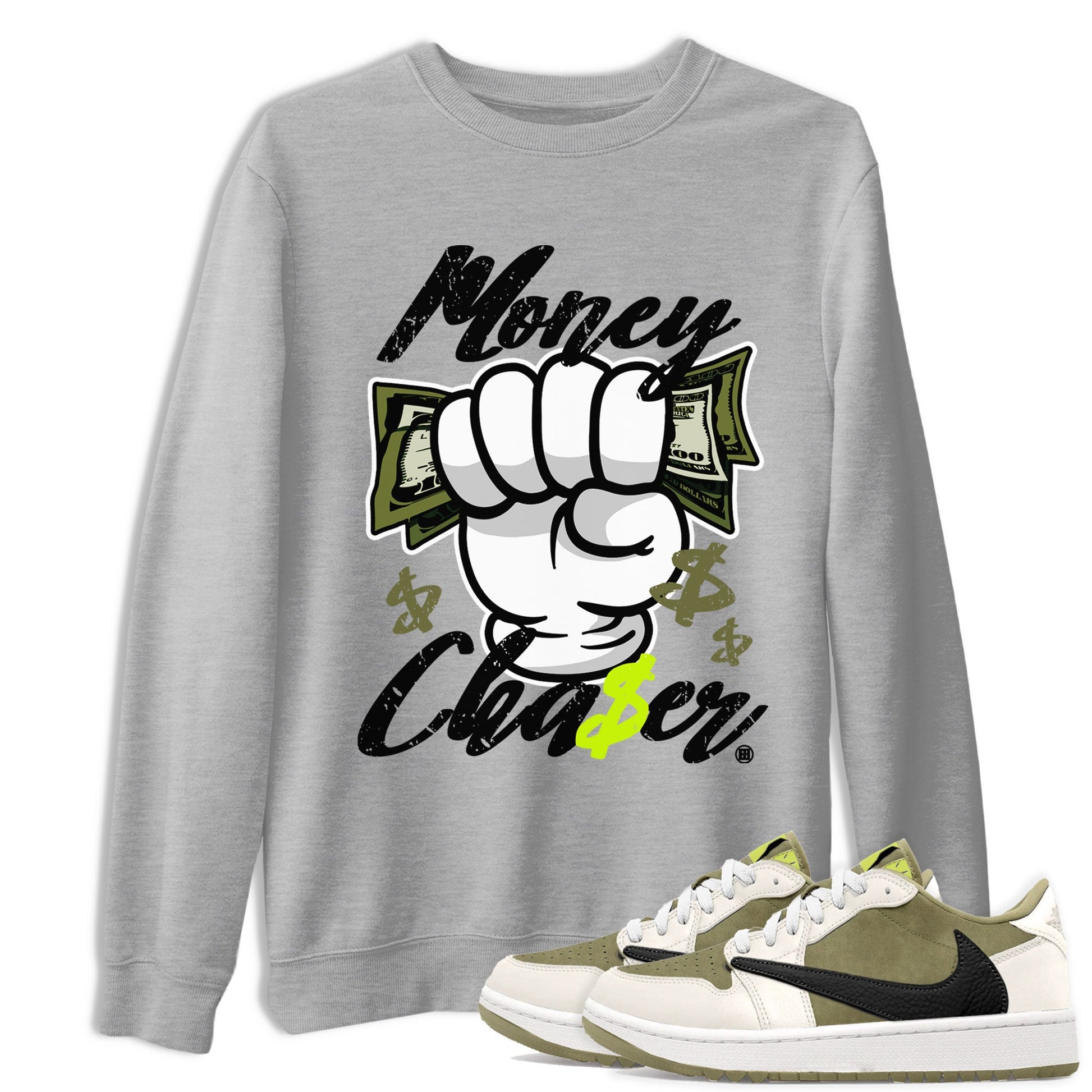 Jordan 1 Low x Travis Scott Golf Olive shirt to match jordans Money Chaser sneaker tees Air Jordan 1 Travis Scott Olive SNRT Sneaker Release Tees Unisex Heather Grey 1 T-Shirt