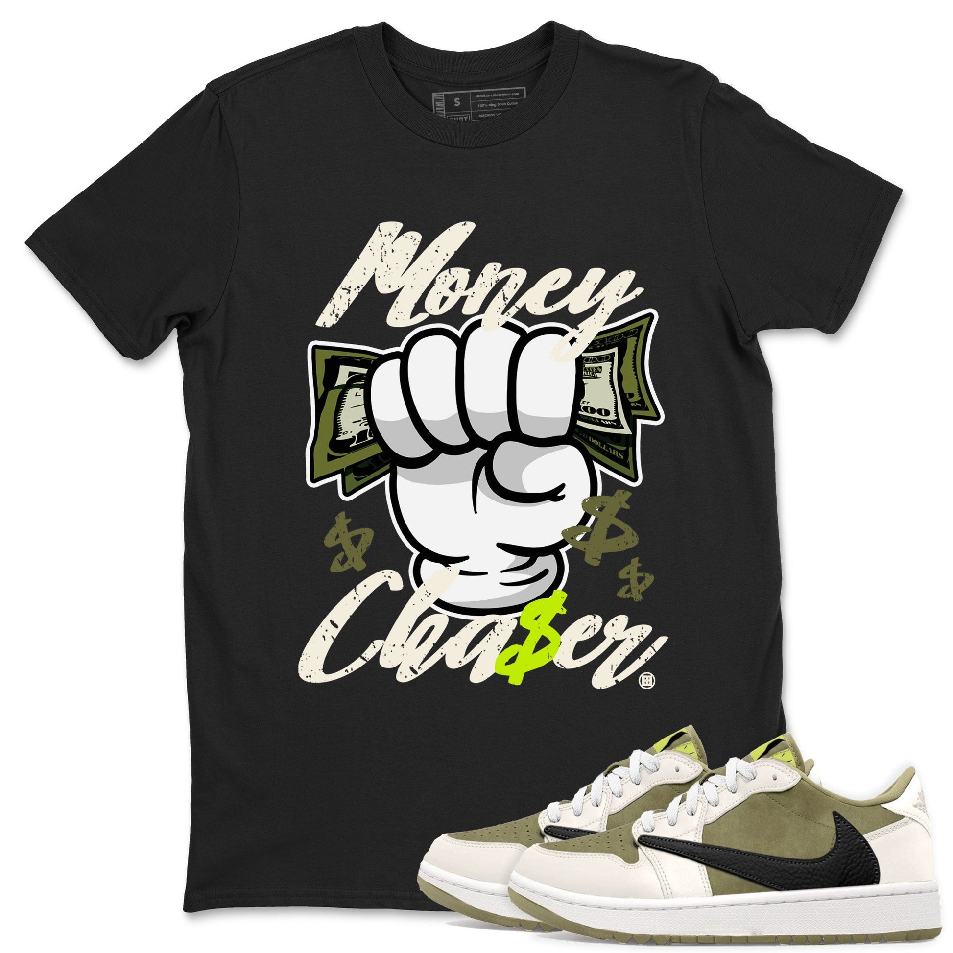 Jordan 1 Low x Travis Scott Golf Olive shirt to match jordans Money Chaser sneaker tees Air Jordan 1 Travis Scott Olive SNRT Sneaker Release Tees Unisex Black 1 T-Shirt