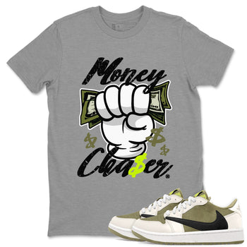 Jordan 1 Low x Travis Scott Golf Olive shirt to match jordans Money Chaser sneaker tees Air Jordan 1 Travis Scott Olive SNRT Sneaker Release Tees Unisex Heather Grey 1 T-Shirt