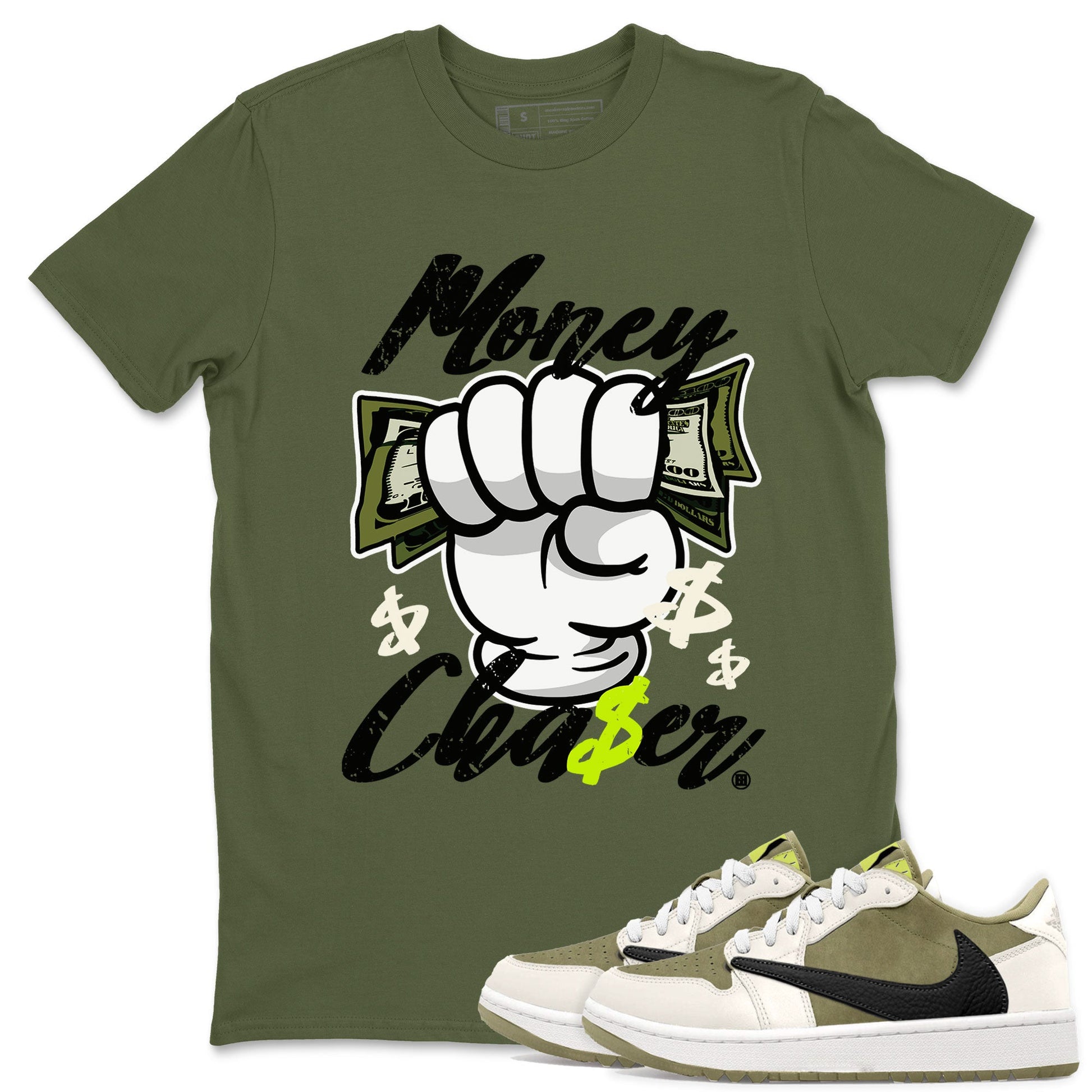 Jordan 1 Low x Travis Scott Golf Olive shirt to match jordans Money Chaser sneaker tees Air Jordan 1 Travis Scott Olive SNRT Sneaker Release Tees Unisex Military Green 1 T-Shirt