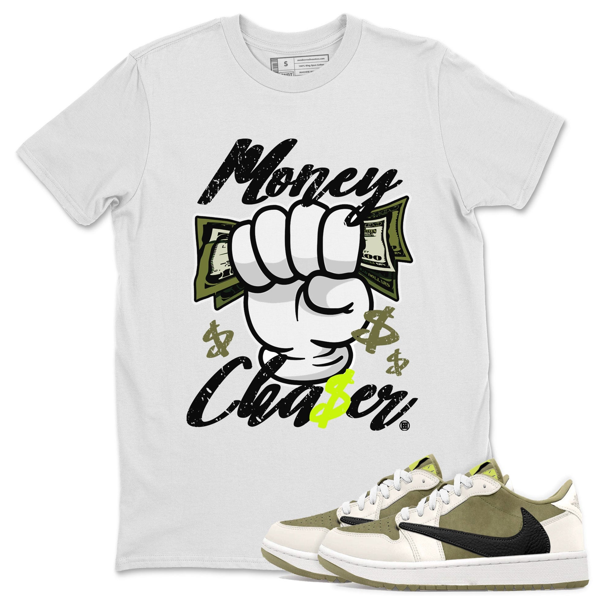 Jordan 1 Low x Travis Scott Golf Olive shirt to match jordans Money Chaser sneaker tees Air Jordan 1 Travis Scott Olive SNRT Sneaker Release Tees Unisex White 1 T-Shirt
