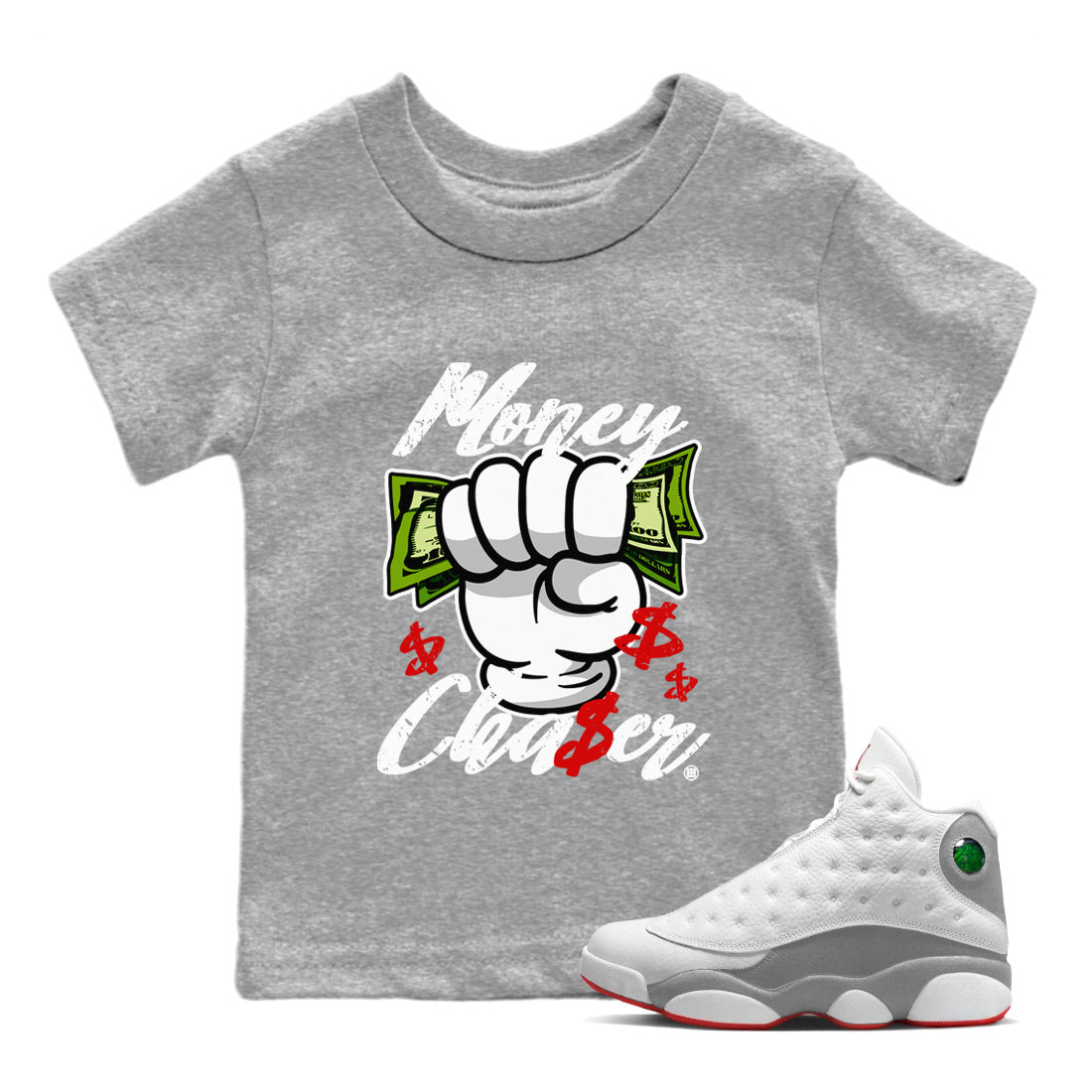 Air Jordan 13 Wolf Grey Sneaker Match Tees Money Chaser Sneaker Tees 13 Wolf Grey Sneaker Release Tees Kids Shirts Heather Grey 1