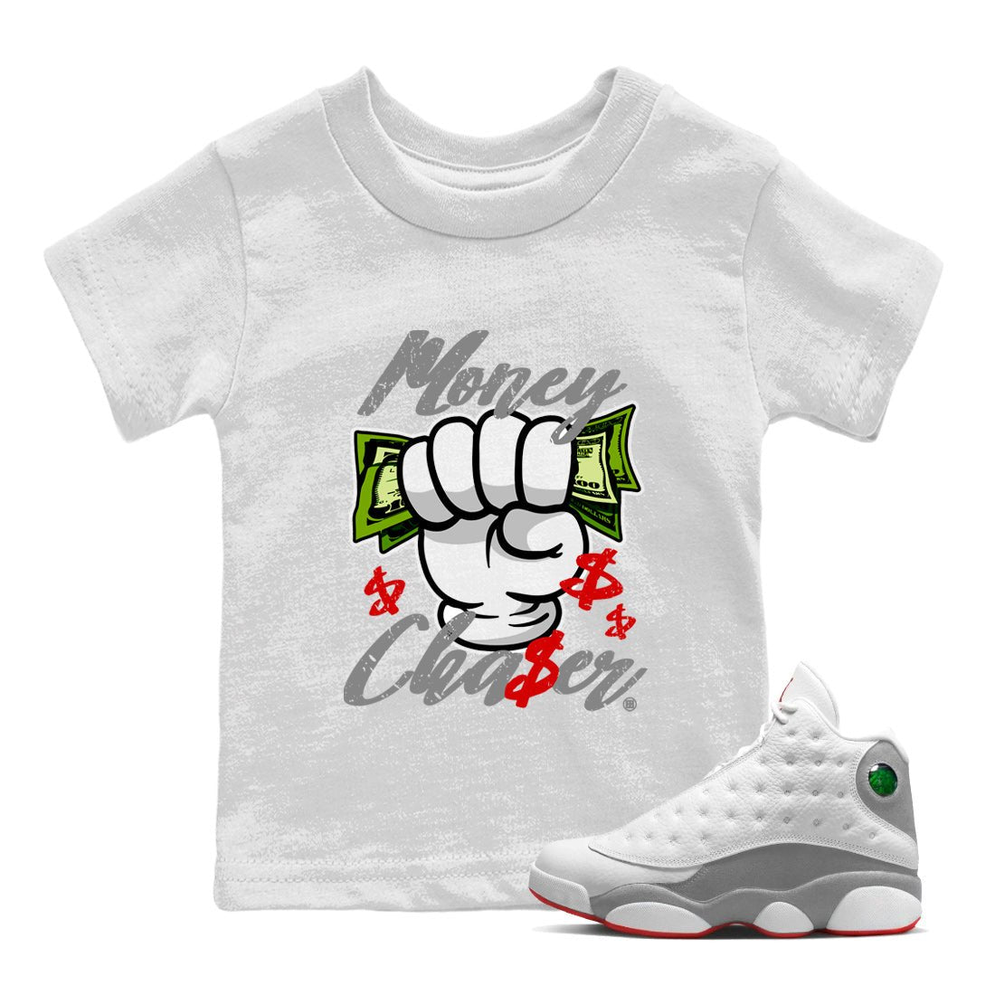 Air Jordan 13 Wolf Grey Sneaker Match Tees Money Chaser Sneaker Tees 13 Wolf Grey Sneaker Release Tees Kids Shirts White 1