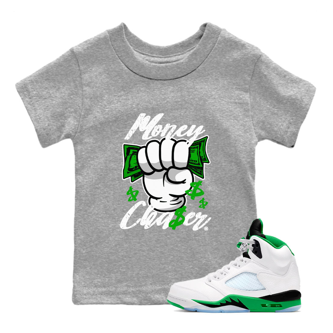 Air Jordan 5 Lucky Green sneaker shirt to match jordans Money Chaser sneaker tees Air Jordan 5 Lucky Green SNRT Sneaker Release Tees Baby Toddler Heather Grey 1 T-Shirt