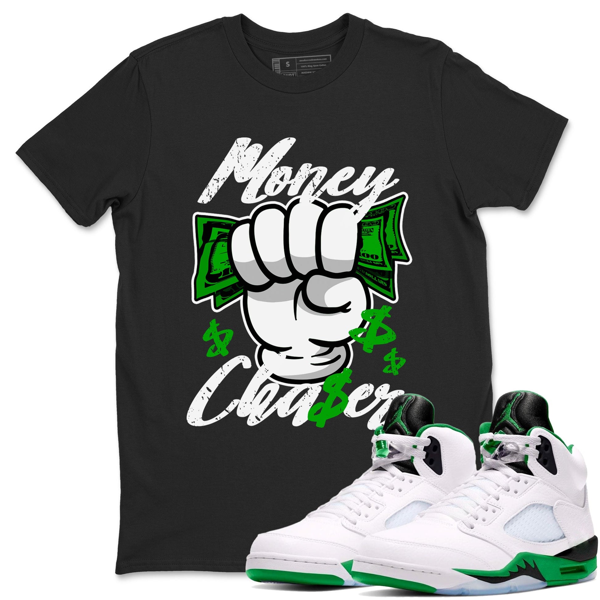 Air Jordan 5 Lucky Green sneaker shirt to match jordans Money Chaser sneaker tees AJ5 Lucky Green SNRT Sneaker Tees Crew Neck Unisex Cotton Sneaker T-Shirt Black 1 T-Shirt