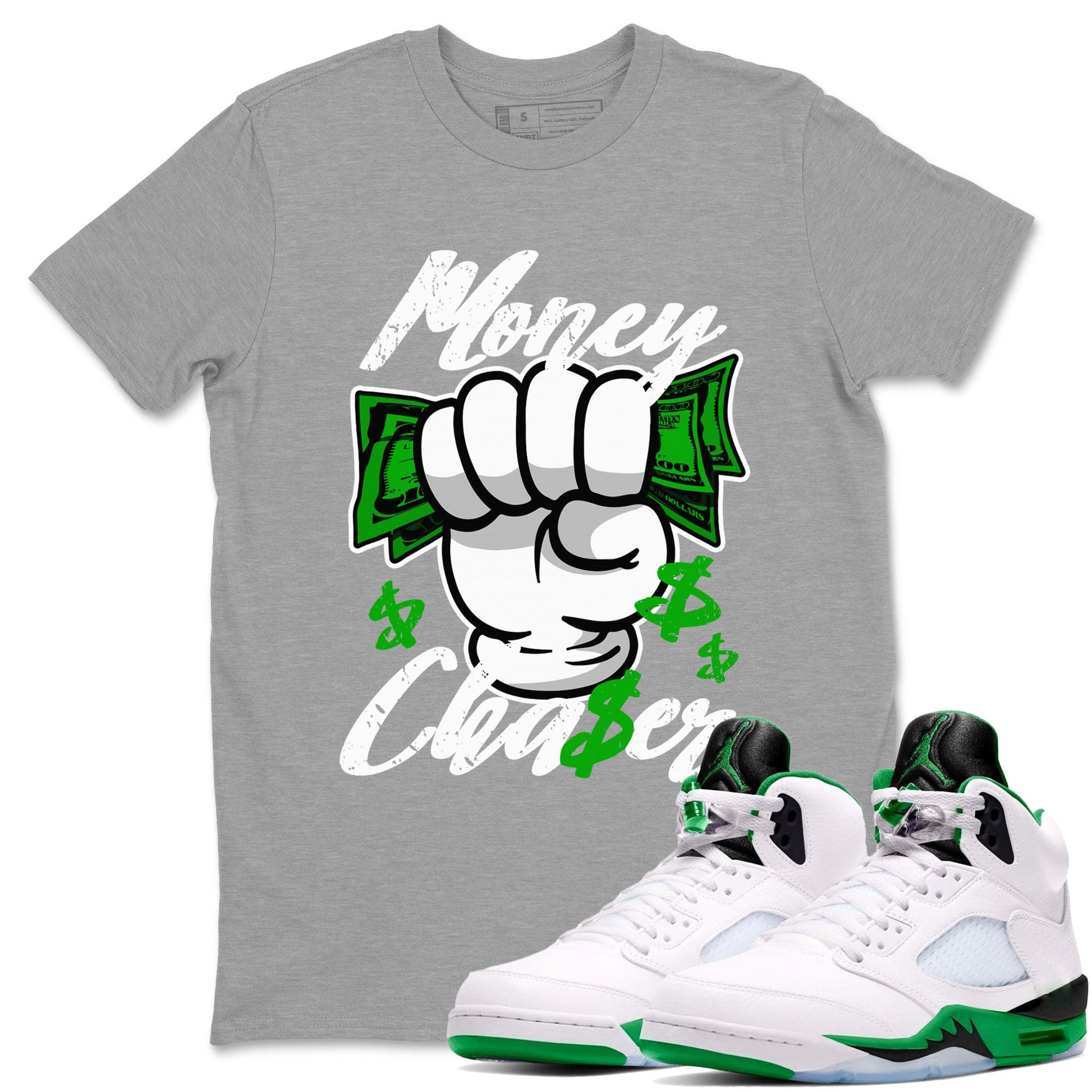 Air Jordan 5 Lucky Green sneaker shirt to match jordans Money Chaser sneaker tees AJ5 Lucky Green SNRT Sneaker Tees Crew Neck Unisex Cotton Sneaker T-Shirt Heather Grey 1 T-Shirt