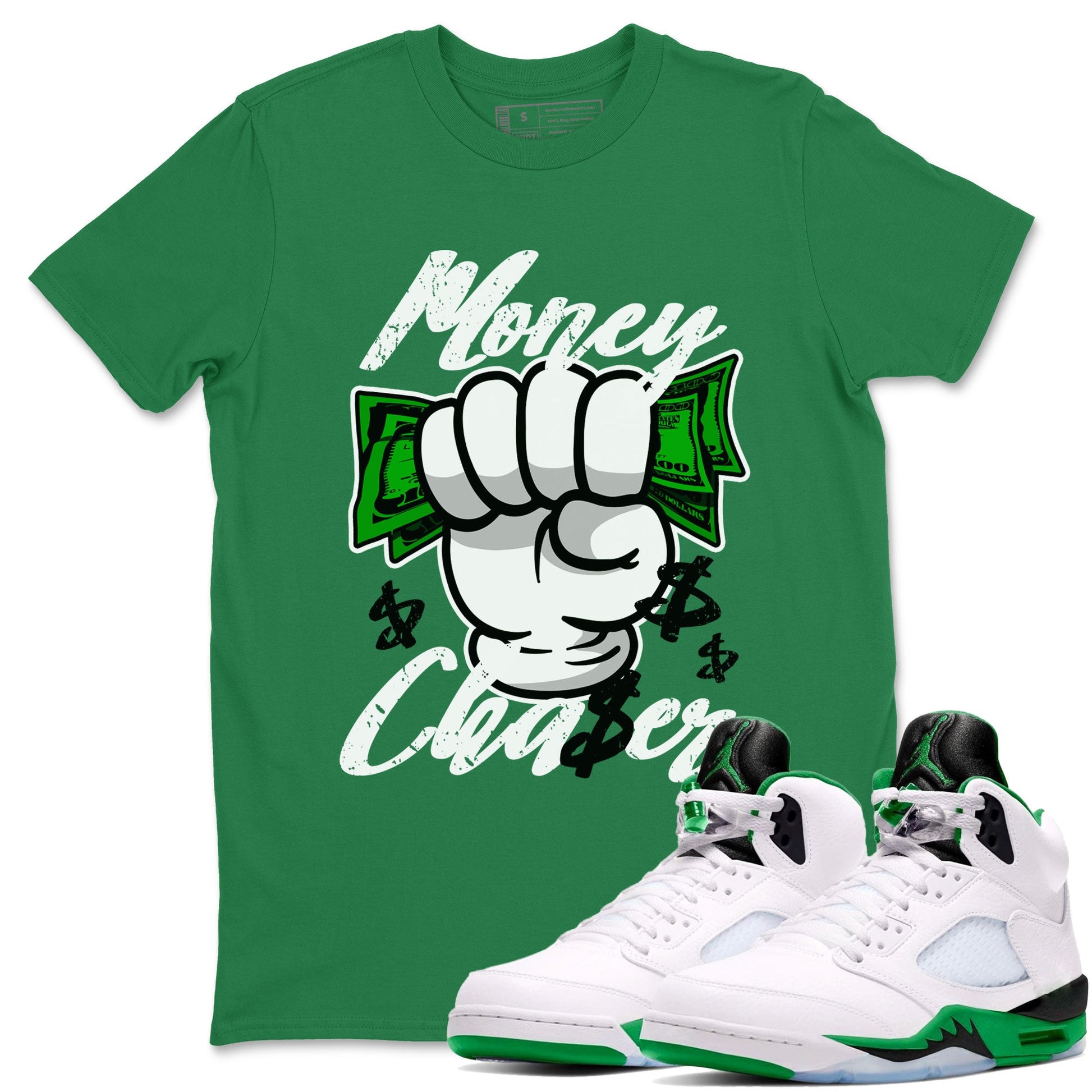 Air Jordan 5 Lucky Green sneaker shirt to match jordans Money Chaser sneaker tees AJ5 Lucky Green SNRT Sneaker Tees Crew Neck Unisex Cotton Sneaker T-Shirt Kelly Green 1 T-Shirt