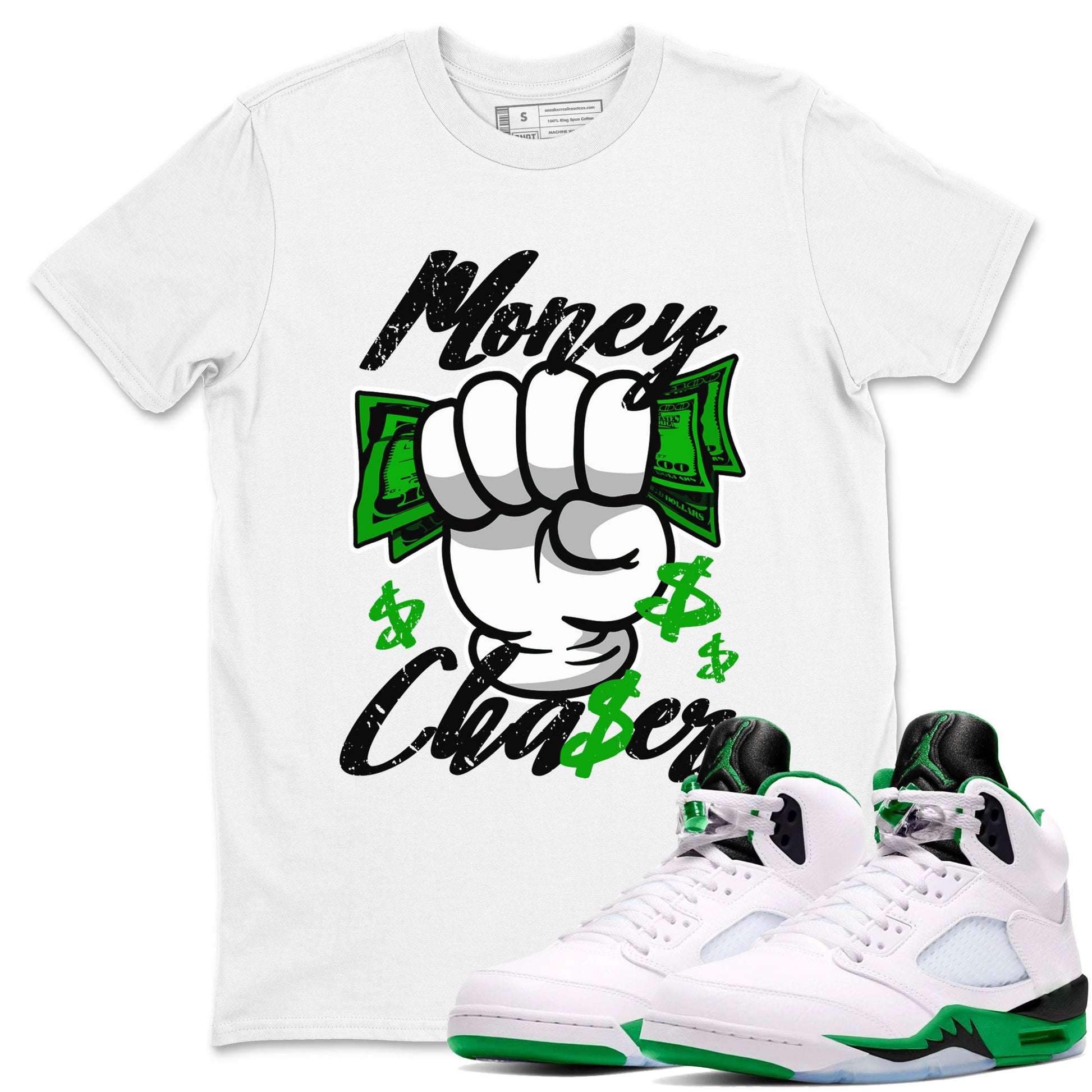 Air Jordan 5 Lucky Green sneaker shirt to match jordans Money Chaser sneaker tees AJ5 Lucky Green SNRT Sneaker Tees Crew Neck Unisex Cotton Sneaker T-Shirt White 1 T-Shirt