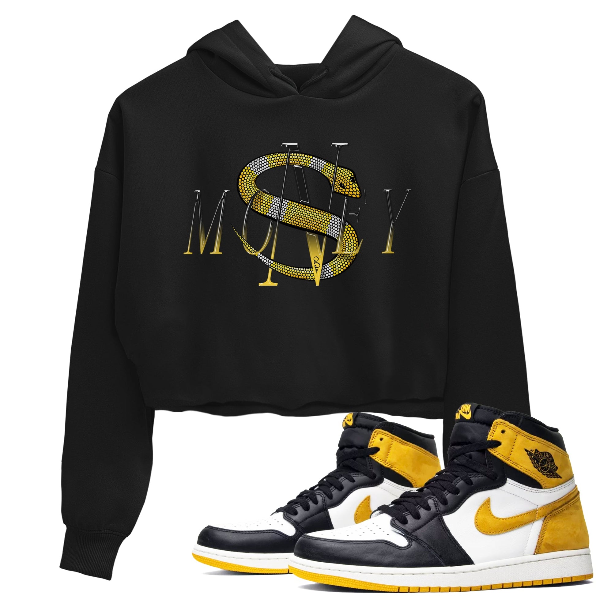 1s Yellow Ochre shirt to match jordans Money Snake sneaker tees Air Jordan 1 Yellow Ochre SNRT Sneaker Release Tees Black 1 crop length shirt