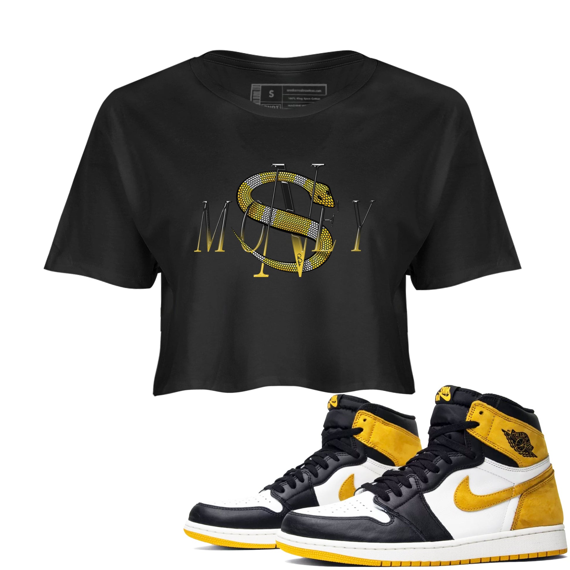 1s Yellow Ochre shirt to match jordans Money Snake sneaker tees Air Jordan 1 Yellow Ochre SNRT Sneaker Release Tees Black 1 crop length shirt
