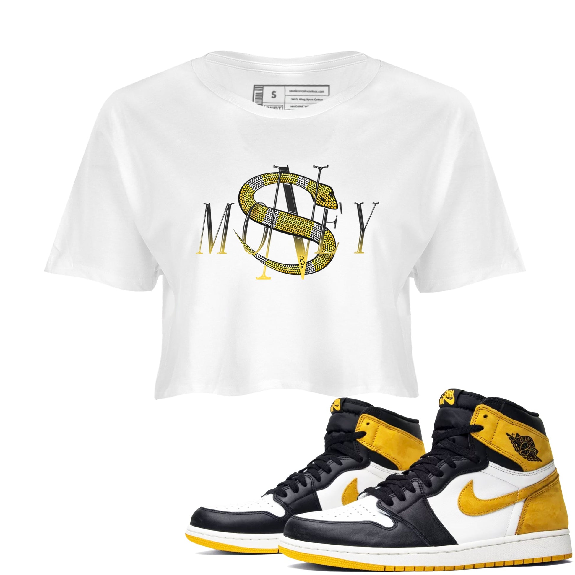1s Yellow Ochre shirt to match jordans Money Snake sneaker tees Air Jordan 1 Yellow Ochre SNRT Sneaker Release Tees White 1 crop length shirt