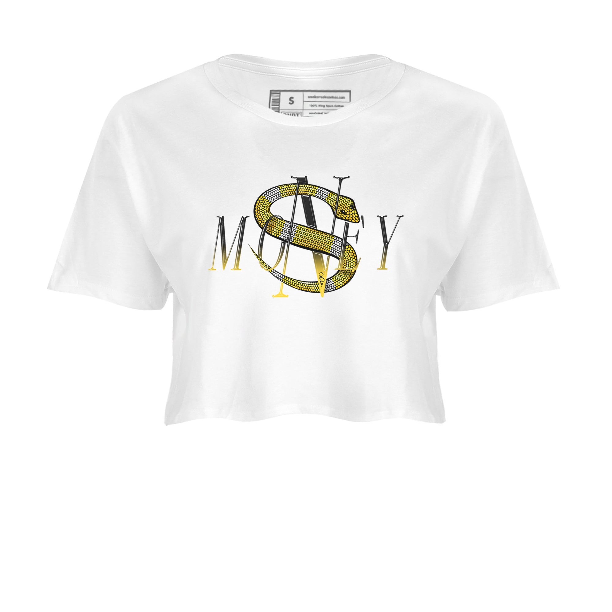 1s Yellow Ochre shirt to match jordans Money Snake sneaker tees Air Jordan 1 Yellow Ochre SNRT Sneaker Release Tees White 2 crop length shirt