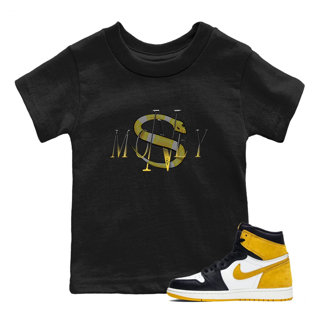 1s Yellow Ochre shirt to match jordans Money Snake sneaker tees Air Jordan 1 Yellow Ochre SNRT sneaker release tees baby toddler Black 1 cotton Shirt