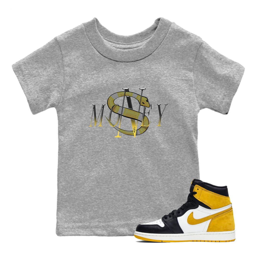1s Yellow Ochre shirt to match jordans Money Snake sneaker tees Air Jordan 1 Yellow Ochre SNRT sneaker release tees baby toddler Heather Grey 1 cotton Shirt