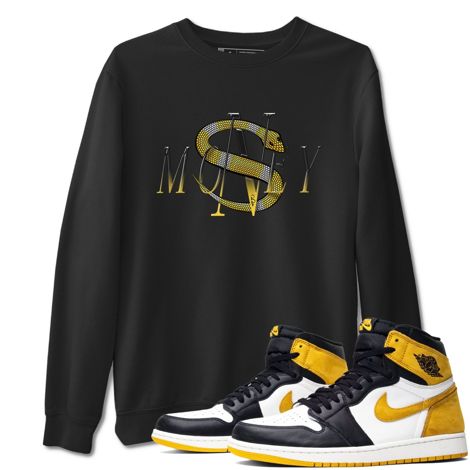 1s Yellow Ochre shirt to match jordans Money Snake sneaker tees Air Jordan 1 Yellow Ochre SNRT Sneaker Release Tees unisex cotton Black 1 crew neck shirt