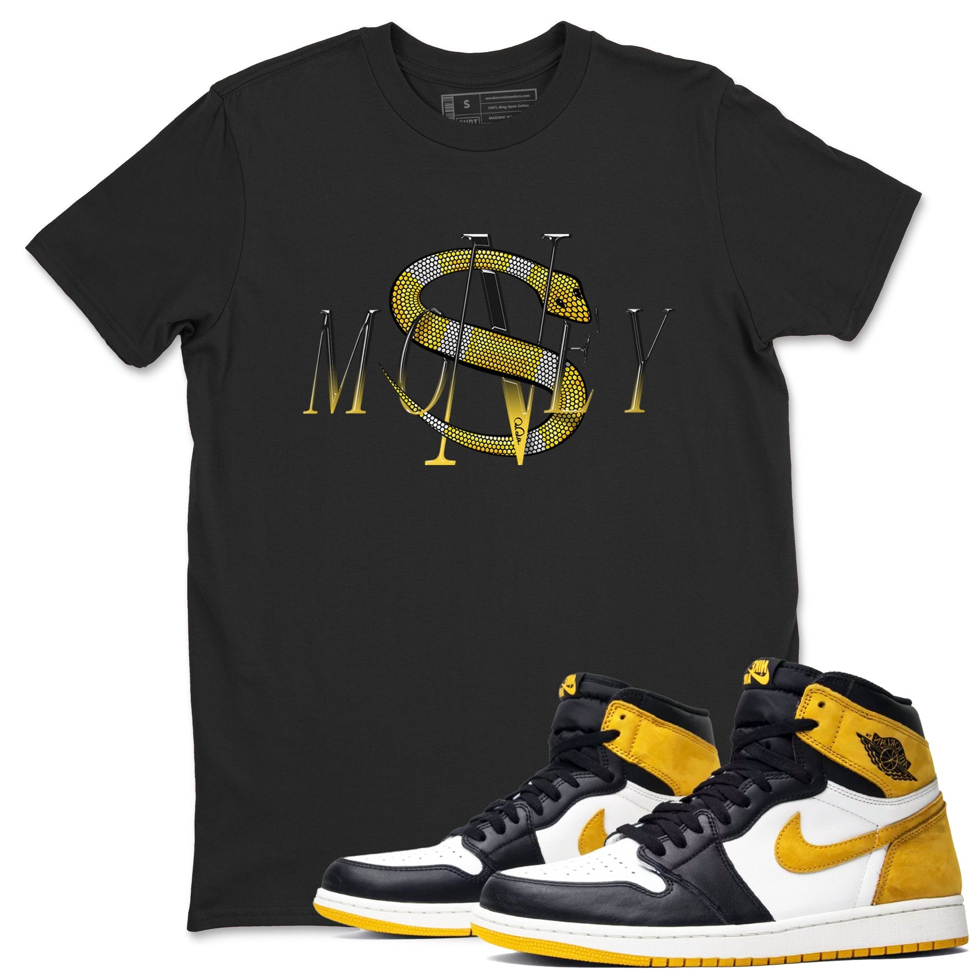 1s Yellow Ochre shirt to match jordans Money Snake sneaker tees Air Jordan 1 Yellow Ochre SNRT Sneaker Release Tees unisex cotton Black 1 crew neck shirt