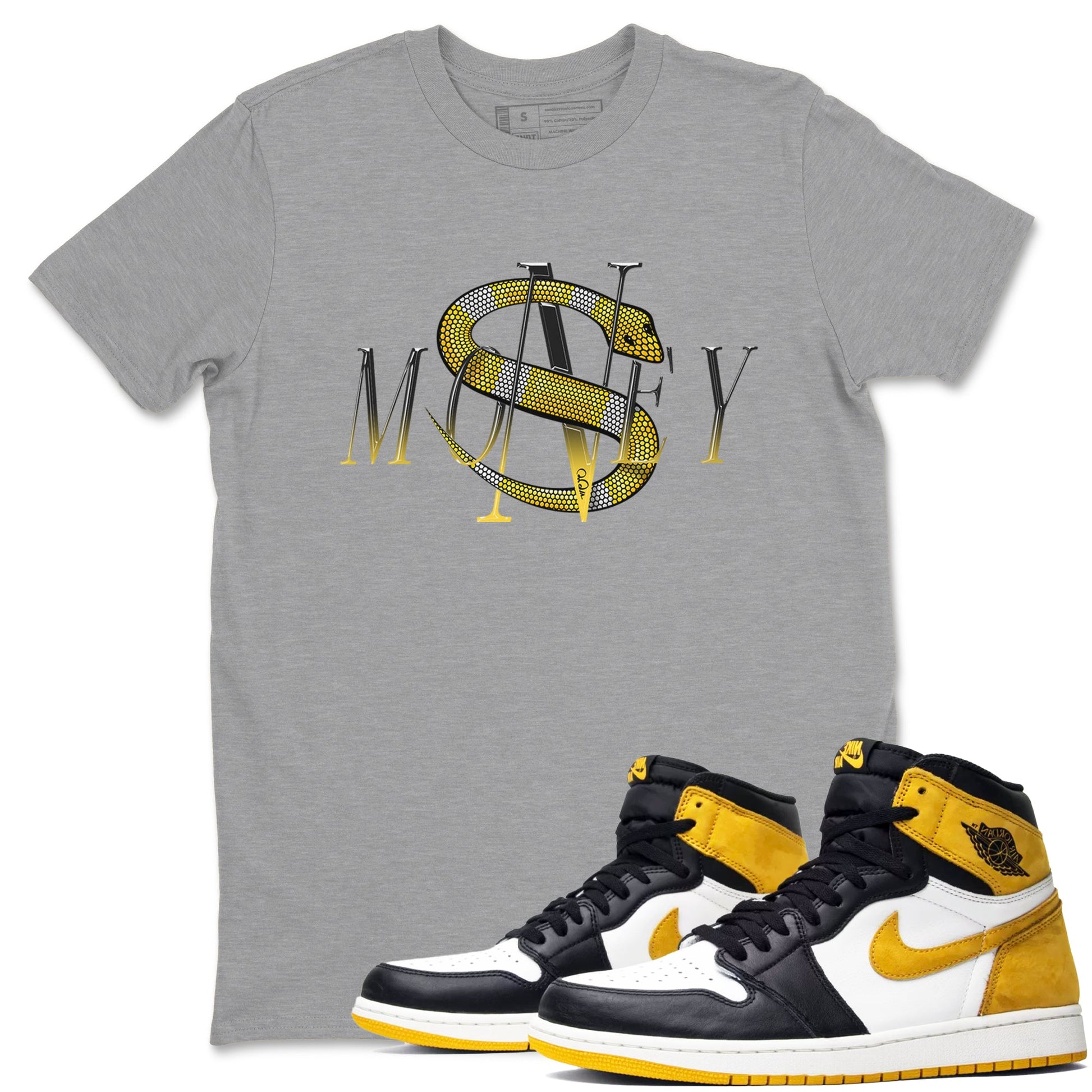1s Yellow Ochre shirt to match jordans Money Snake sneaker tees Air Jordan 1 Yellow Ochre SNRT Sneaker Release Tees unisex cotton Heather Grey 1 crew neck shirt