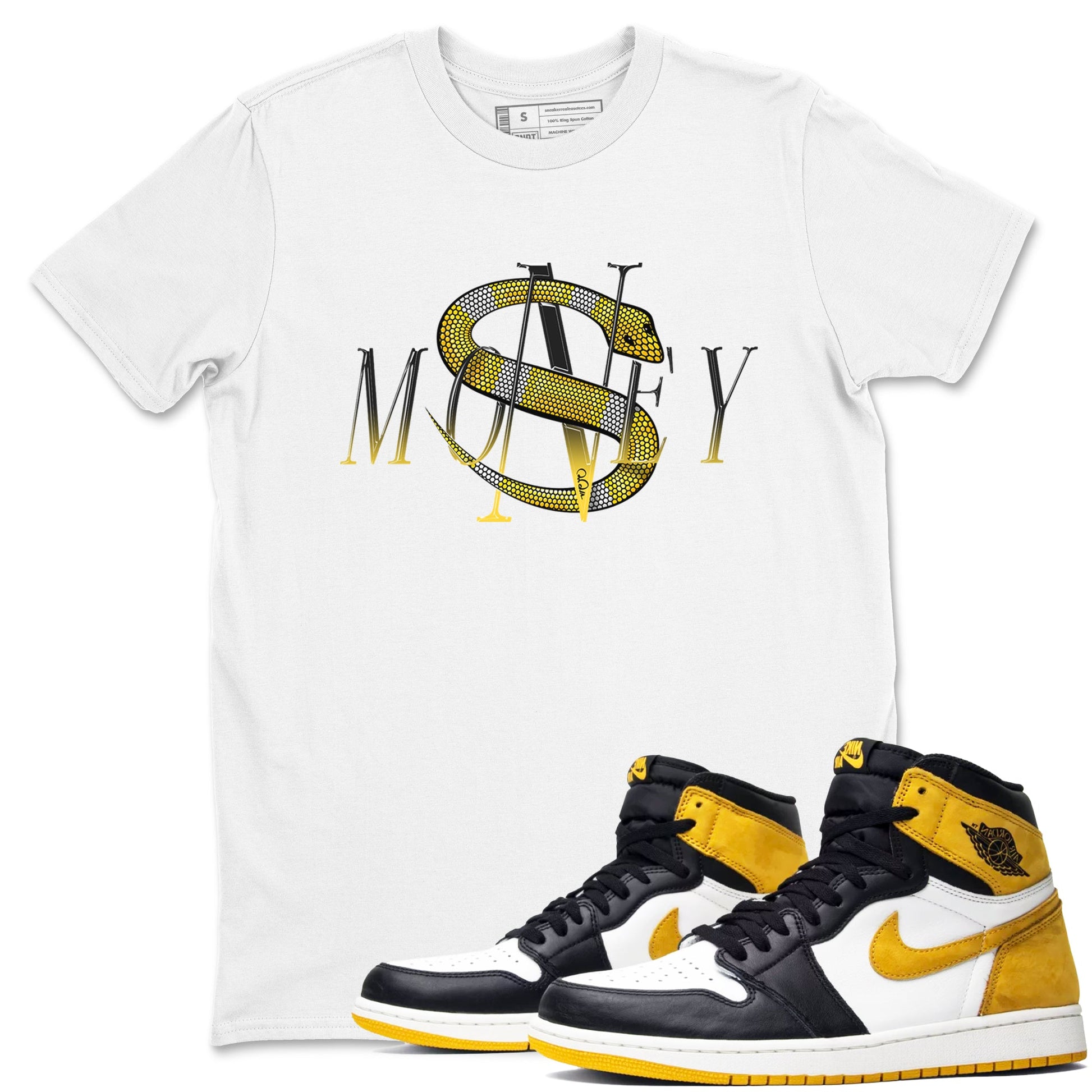 1s Yellow Ochre shirt to match jordans Money Snake sneaker tees Air Jordan 1 Yellow Ochre SNRT Sneaker Release Tees unisex cotton White 1 crew neck shirt