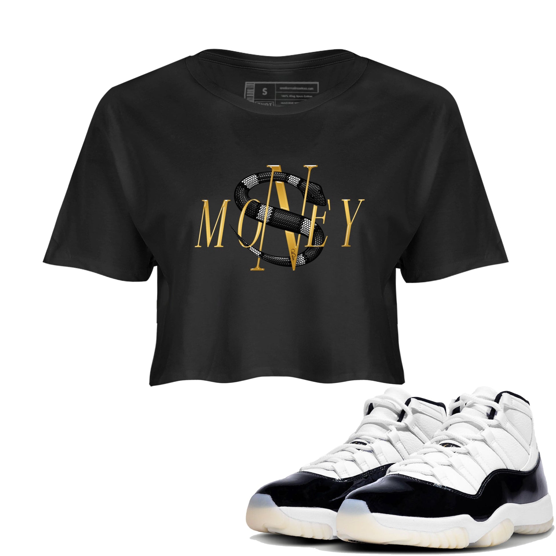 Air Jordan 11 Gratitude shirt to match jordans Money Snake sneaker tees AJ11 Gratitude SNRT Sneaker Release Tees Black 1 Crop T-Shirt
