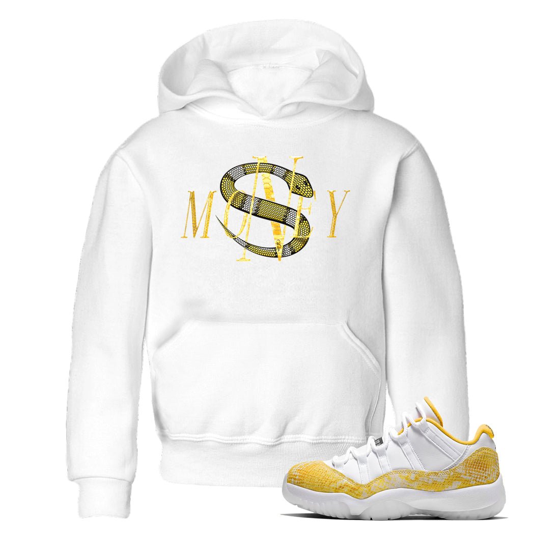 Air Jordan 11 Yellow Python Sneaker Match Tees Money Snake Sneaker Tees AJ11 Yellow Python Sneaker Release Tees Kids Shirts White 1