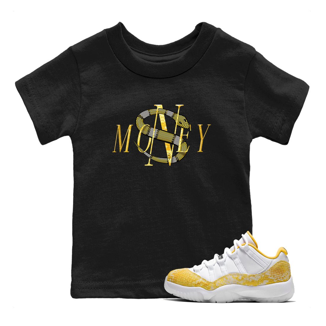 Air Jordan 11 Yellow Python Sneaker Match Tees Money Snake Sneaker Tees AJ11 Yellow Python Sneaker Release Tees Kids Shirts Black 1