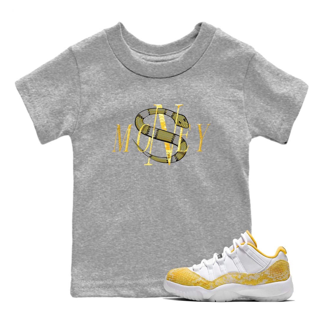 Air Jordan 11 Yellow Python Sneaker Match Tees Money Snake Sneaker Tees AJ11 Yellow Python Sneaker Release Tees Kids Shirts Heather Grey 1