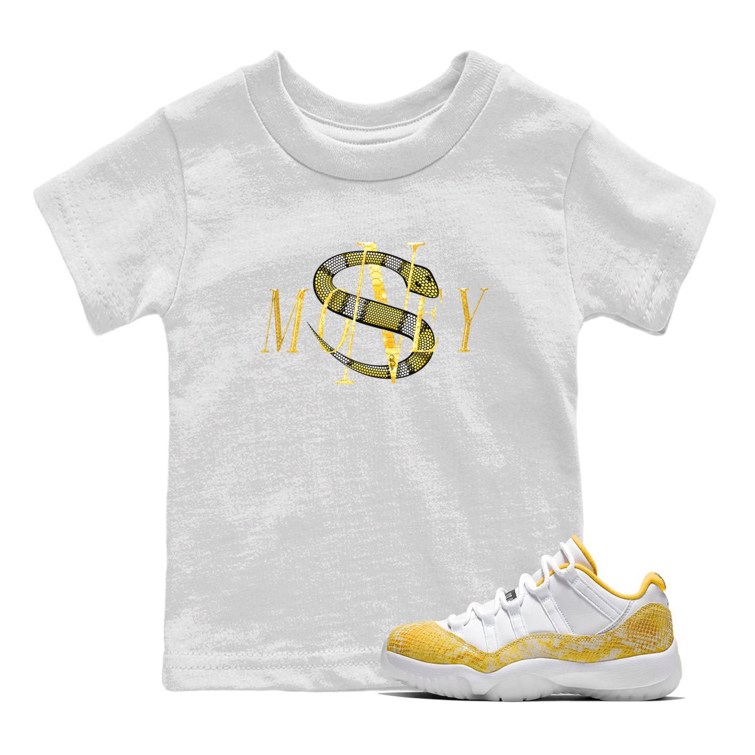Air Jordan 11 Yellow Python Sneaker Match Tees Money Snake Sneaker Tees AJ11 Yellow Python Sneaker Release Tees Kids Shirts White 1
