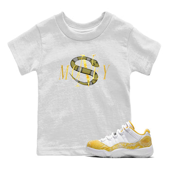 Air Jordan 11 Yellow Python Sneaker Match Tees Money Snake Sneaker Tees AJ11 Yellow Python Sneaker Release Tees Kids Shirts White 1