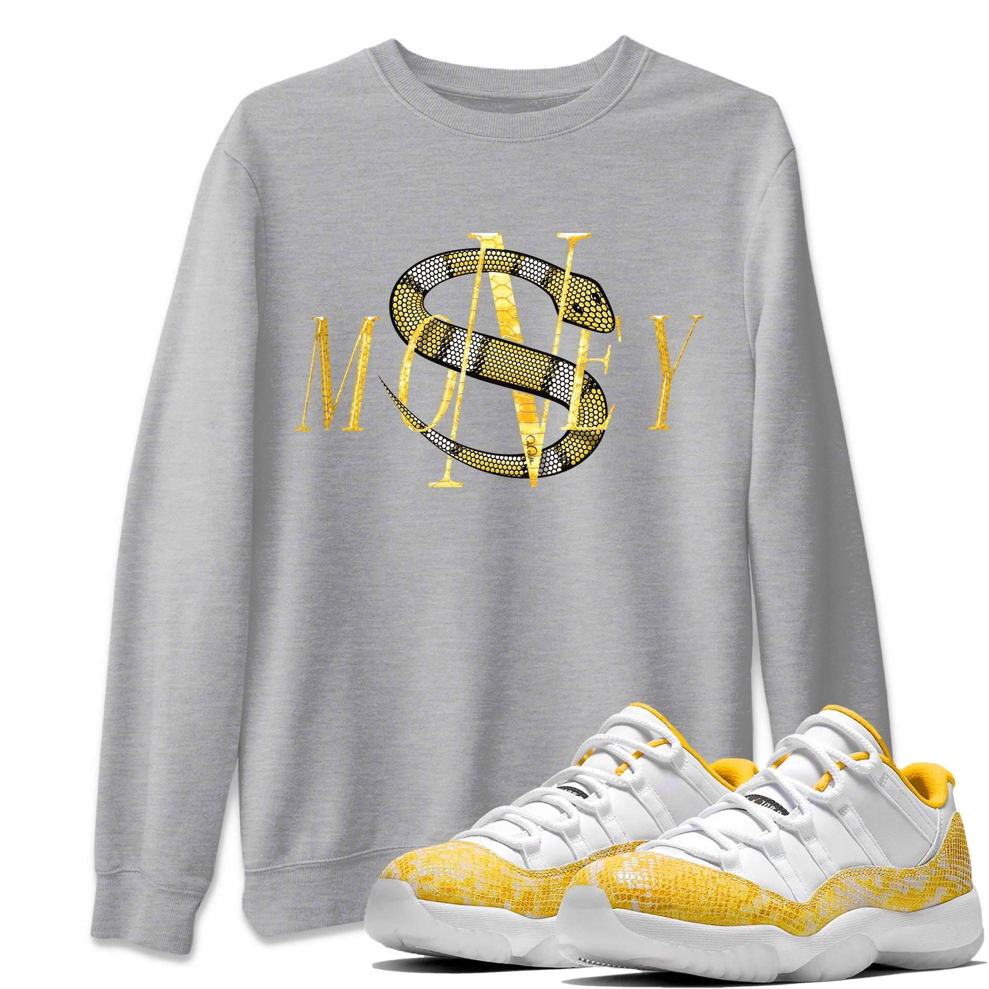 Air Jordan 11 Yellow Python Sneaker Match Tees Money Snake Sneaker Tees AJ11 Yellow Python Sneaker Release Tees Unisex Shirts Heather Grey 1