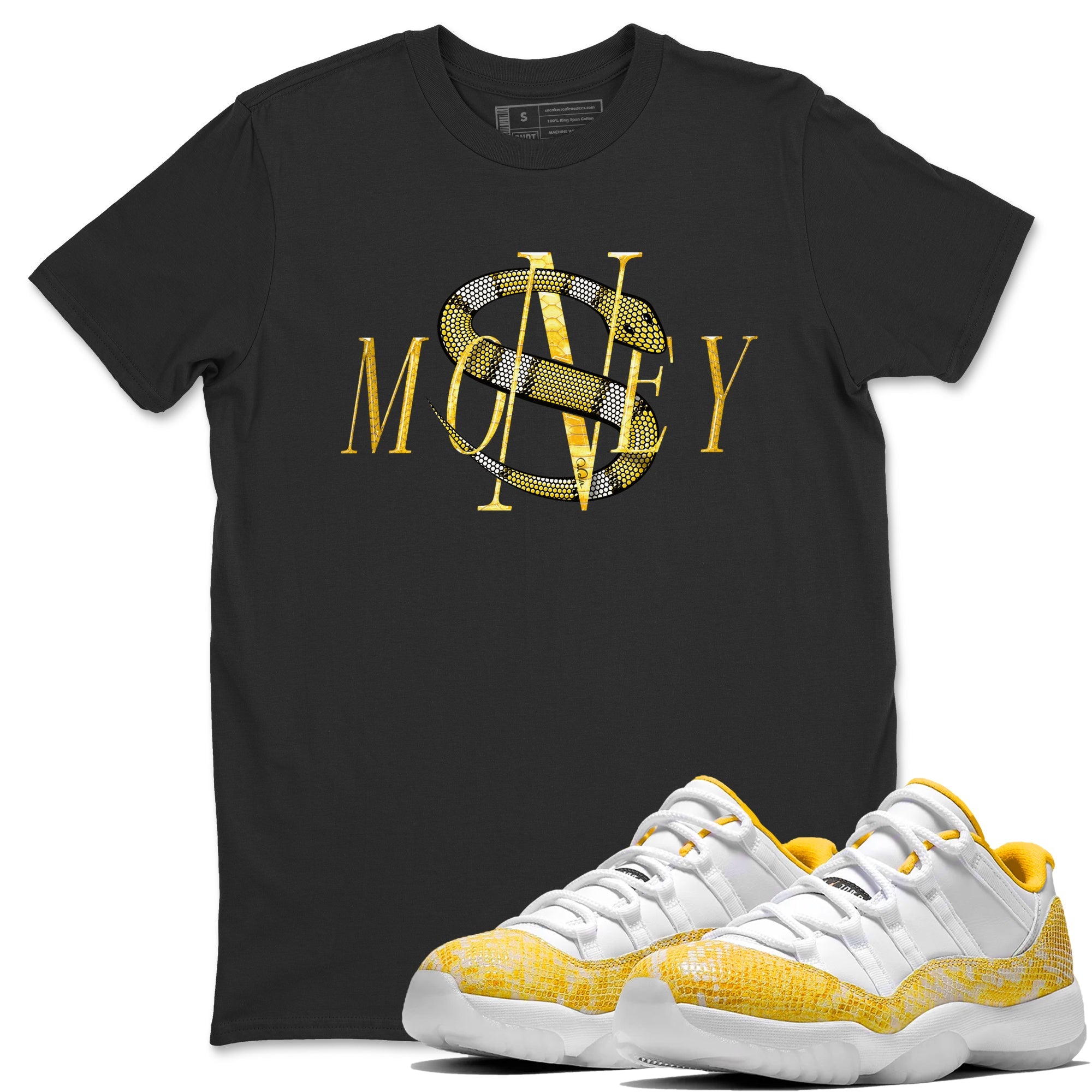Air Jordan 11 Yellow Python Sneaker Match Tees Money Snake Sneaker Tees AJ11 Yellow Python Sneaker Release Tees Unisex Shirts Black 1