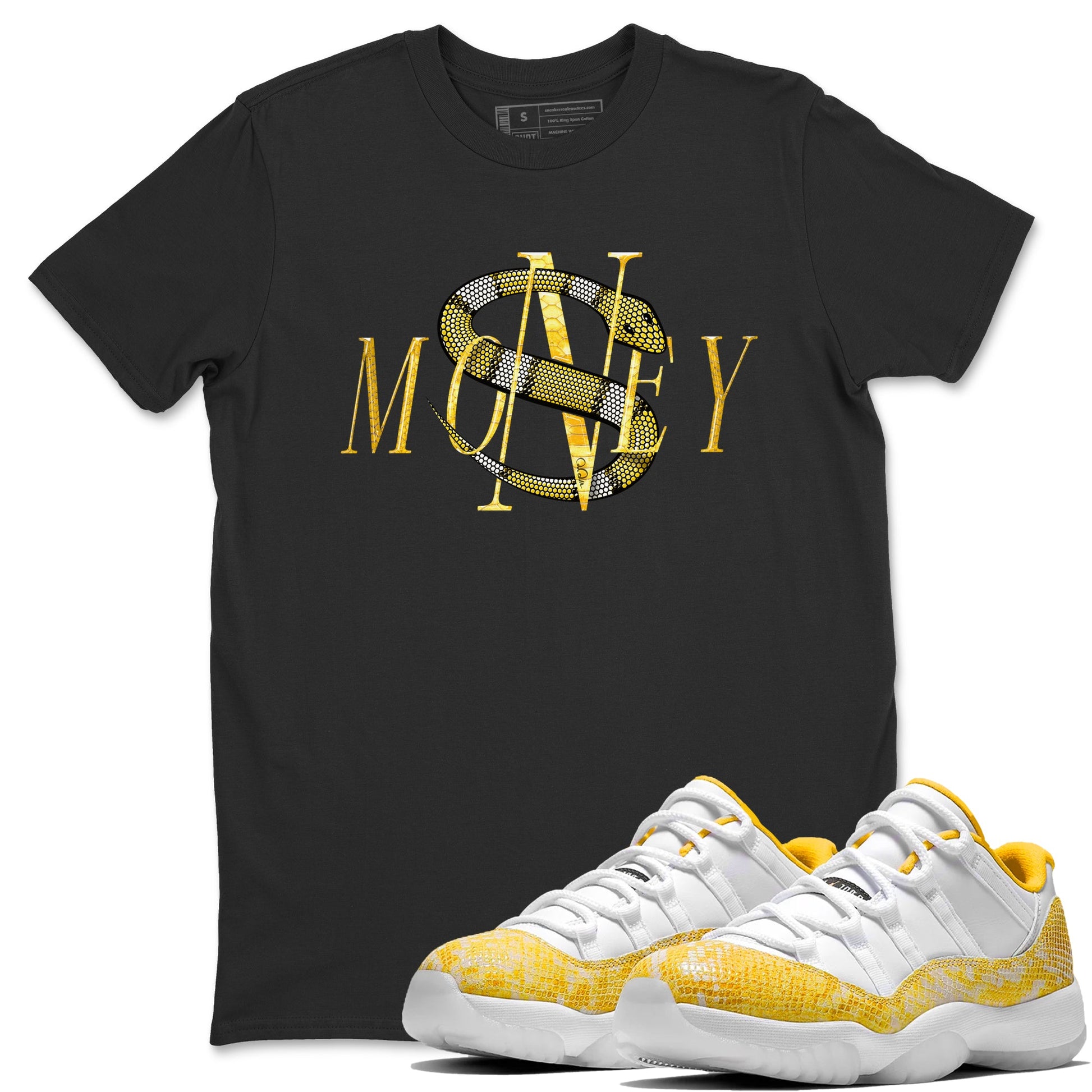 Air Jordan 11 Yellow Python Sneaker Match Tees Money Snake Sneaker Tees AJ11 Yellow Python Sneaker Release Tees Unisex Shirts Black 1