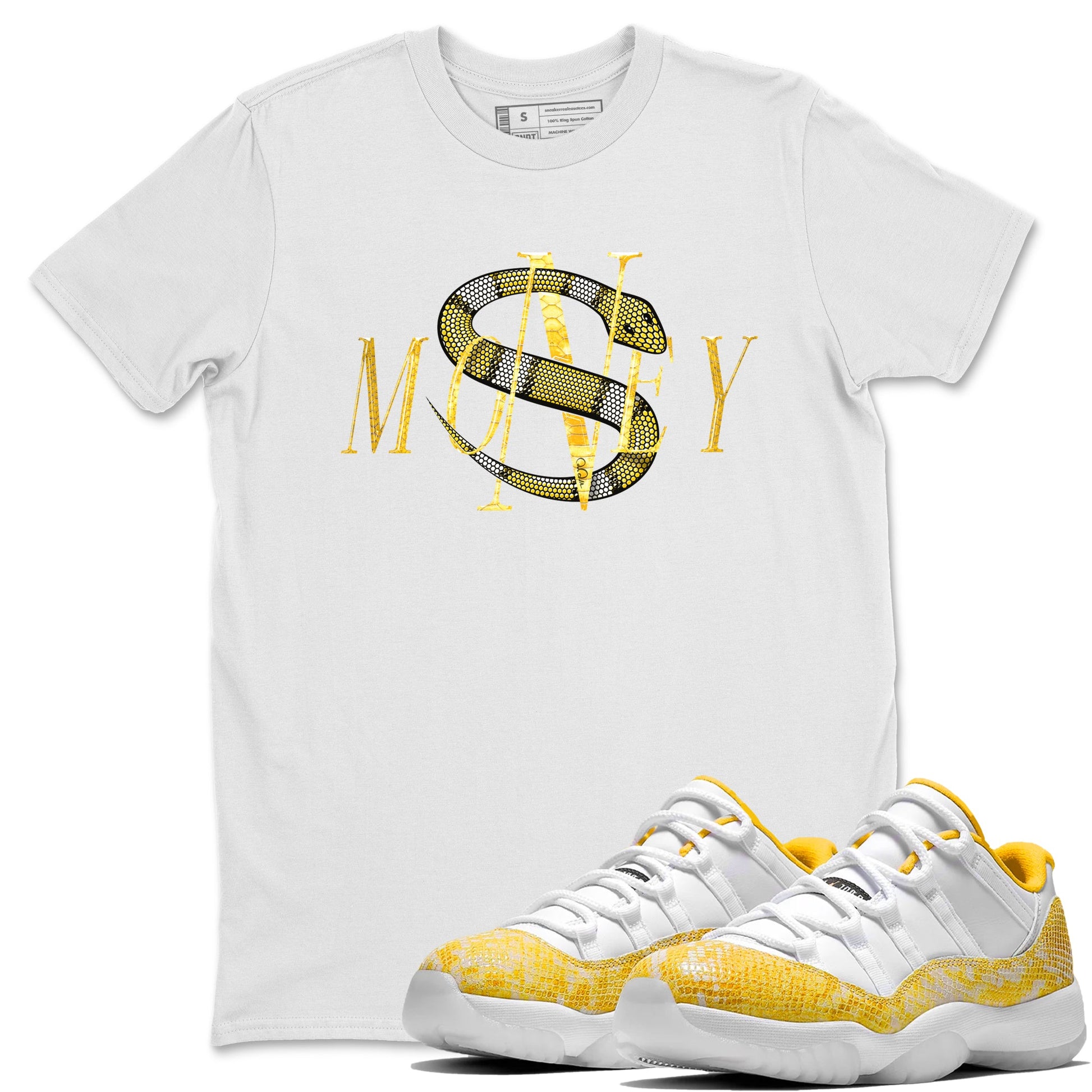 Air Jordan 11 Yellow Python Sneaker Match Tees Money Snake Sneaker Tees AJ11 Yellow Python Sneaker Release Tees Unisex Shirts White 1