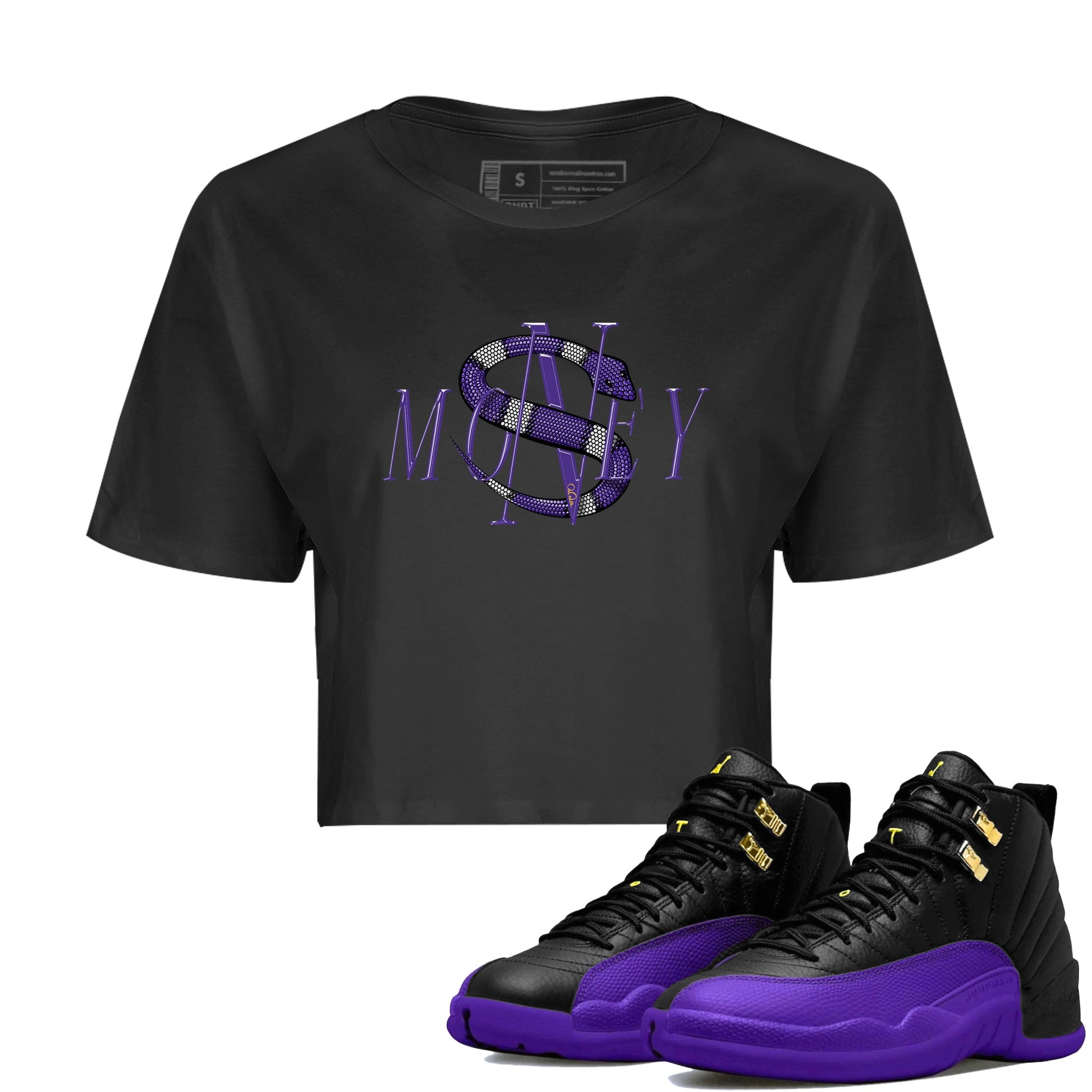 Air Jordan 12 Field Purple Sneaker Match Tees Money Snake Sneaker Tees AJJordan 12 Lakers Sneaker Release Tees Women's Shirts Black 1