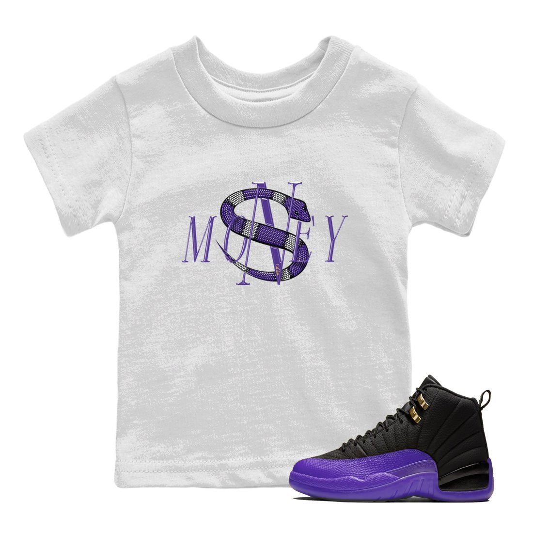Air Jordan 12 Field Purple Sneaker Match Tees Money Snake Sneaker Tees AJJordan 12 Lakers Sneaker Release Tees Kids Shirts White 1