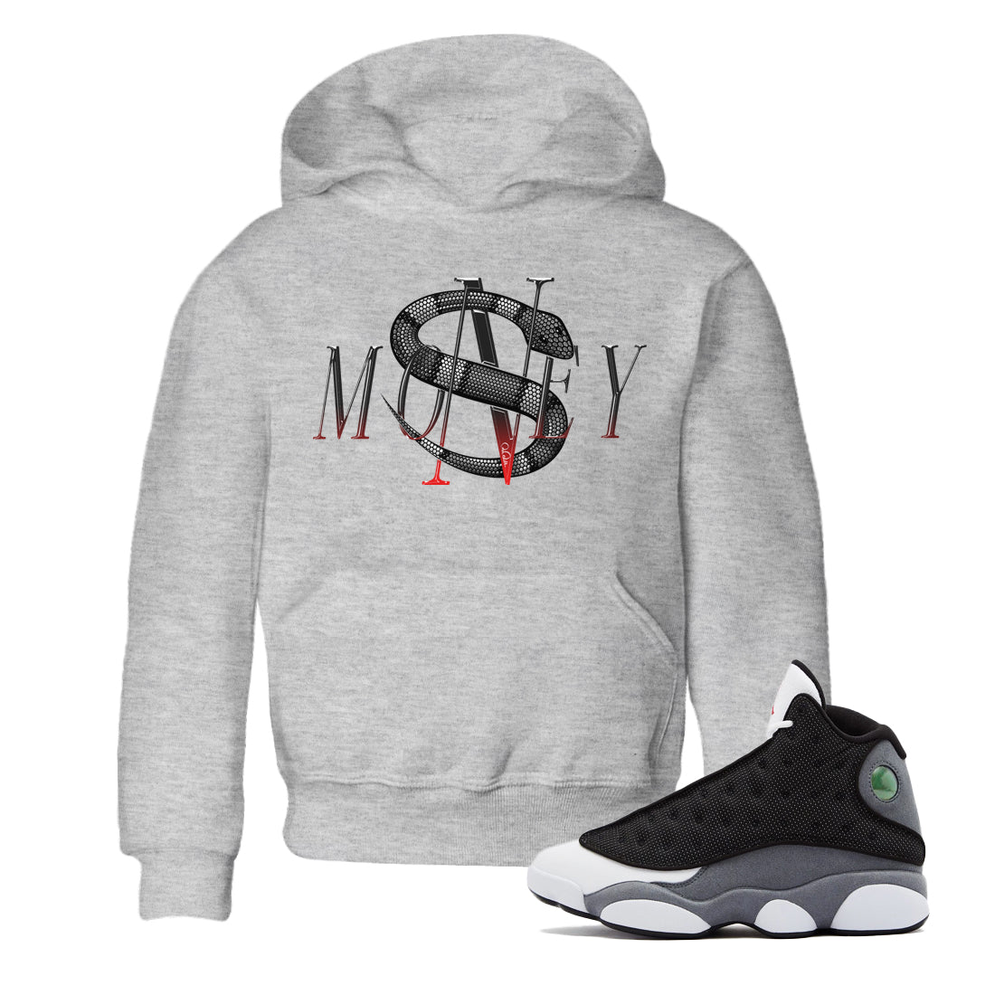 Air Jordan 13 Black Flint Sneaker Match Tees Money Snake Sneaker Tees AJ13 Retro Black Flint Sneaker Release Tees Kids Shirts Heather Grey 1