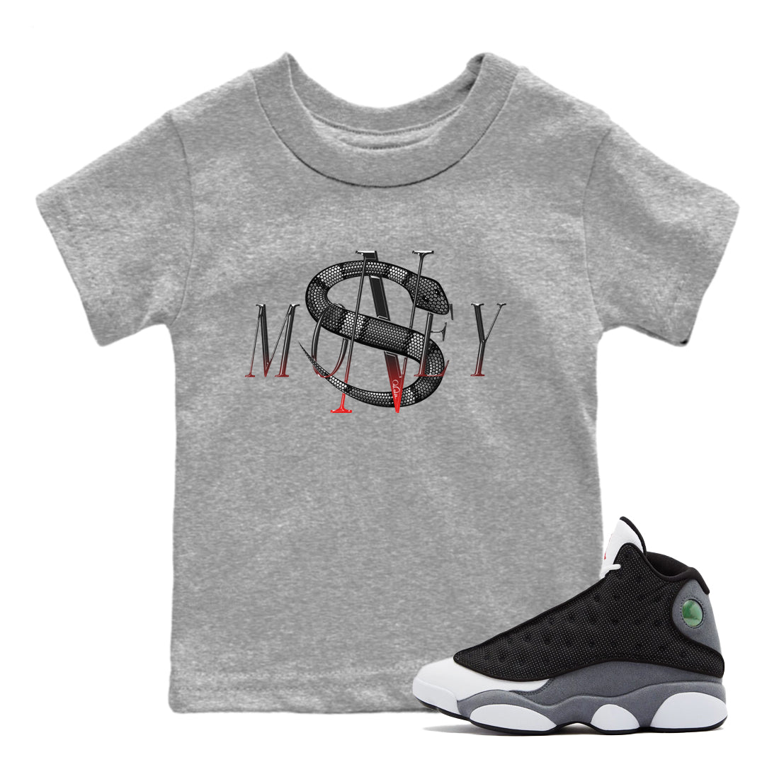 Air Jordan 13 Black Flint Sneaker Match Tees Money Snake Sneaker Tees AJ13 Retro Black Flint Sneaker Release Tees Kids Shirts Heather Grey 1