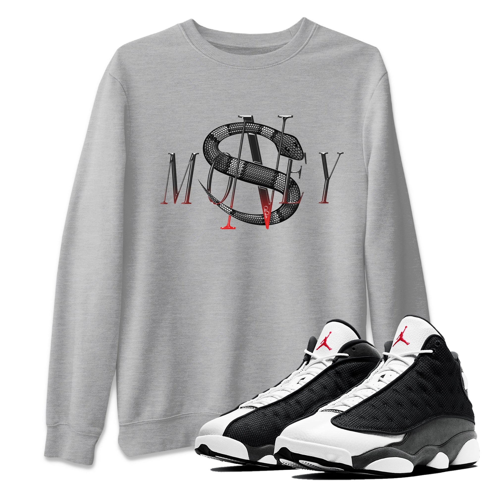 Air Jordan 13 Black Flint Sneaker Match Tees Money Snake Sneaker Tees AJ13 Retro Black Flint Sneaker Release Tees Unisex Shirts Heather Grey 1