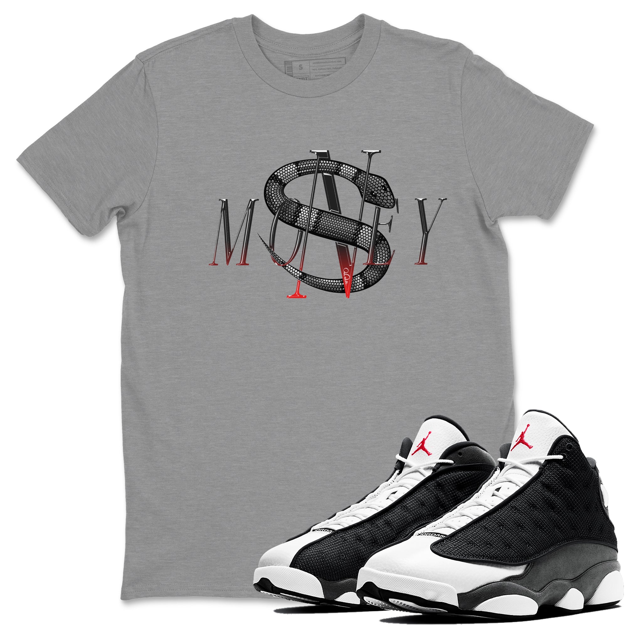 Air Jordan 13 Black Flint Sneaker Match Tees Money Snake Sneaker Tees AJ13 Retro Black Flint Sneaker Release Tees Unisex Shirts Heather Grey 1